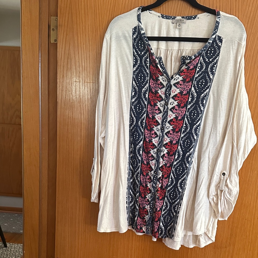 Lucky Brand Cream and Navy Blouse with Pink Accents